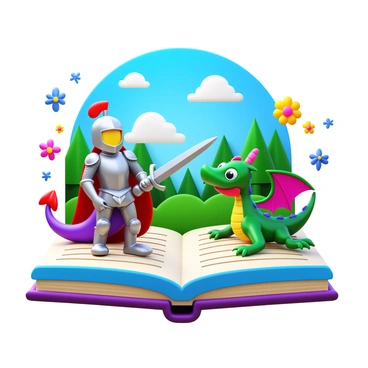 A storybook page with intricate illustrations in vibrant colors. Characters from the page, including a brave knight in shining armor and a whimsical dragon, are emerging from the next illustration. The knight holds a gleaming sword and looks determined. The dragon has colorful scales, large wings, and a playful expression. Surrounding them are elements like swirling magical sparkles and vibrant flowers that enhance the lively scene. The background features a lush green forest and a bright blue sky.
