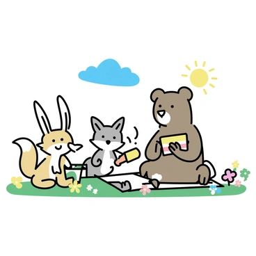 A bear, sitting on a checkered blanket, is holding a sandwich in its paw. Next to the bear, a rabbit with long ears is nibbling on a carrot while smiling. A fox is pouring juice from a colorful bottle into a cup, looking cheerful. The sun is shining brightly above them in a clear blue sky. Around them, there are colorful flowers scattered throughout the green grass in the meadow.