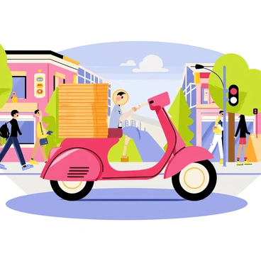 A gas moped loaded with pizza boxes, making a delivery through a bustling town