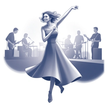 A concert-goer is dancing energetically at a live music event. She is wearing a stylish A-line dress that flows as she moves, creating a dynamic silhouette. The dress has a fitted bodice and a flared skirt that extends to her knees. Her hair is styled in loose waves that cascade down her shoulders. In the background, there are blurred figures of other attendees enjoying the music, with lights creating a lively atmosphere. The stage is visible, with performers engaged in playing instruments. The overall scene captures the excitement and energy of a vibrant music concert.