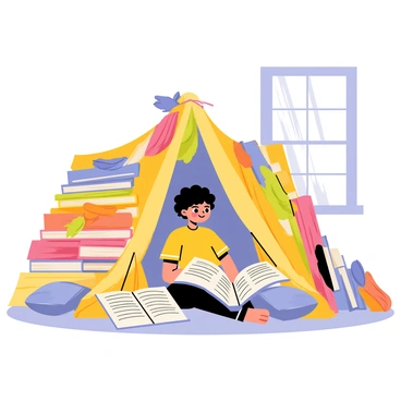 A child with curly hair sitting cross-legged inside a whimsical book fort. The fort is constructed from colorful stacked books and draped blankets of various patterns and colors. The child is surrounded by open storybooks, with illustrations visible on the pages. Soft pillows are scattered on the floor, adding comfort to the cozy space. The light filtering through from a nearby window casts gentle shadows, highlighting the magical atmosphere of the fort.
