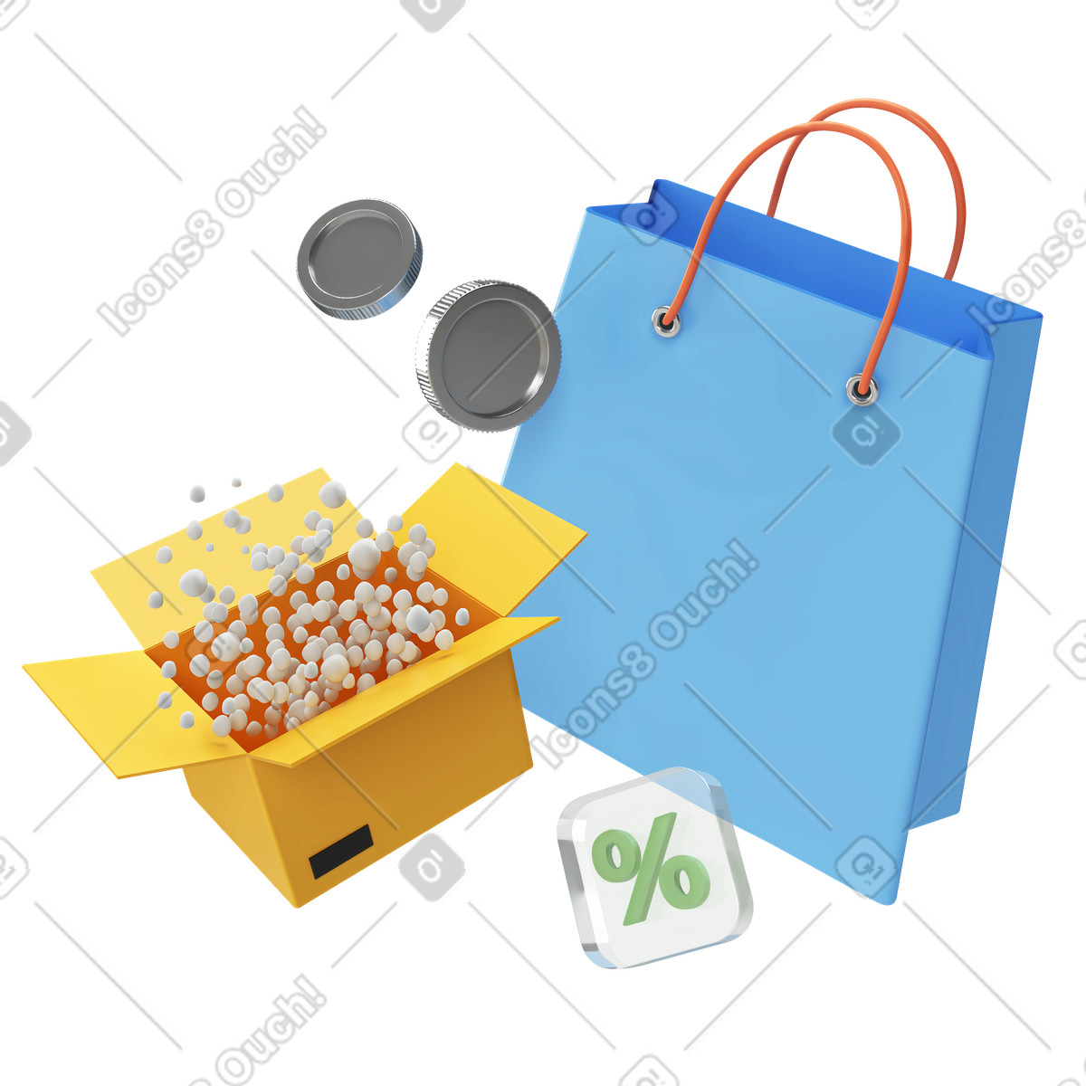 Shopping bag and open box with coins, Online discounts sales promotion illustration in 3D Corporate style download in PNG, SVG
