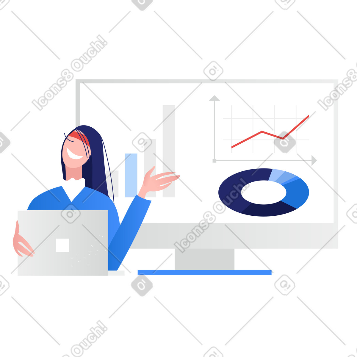 Woman making presentation of analytical report illustration in Clip style download in PNG, SVG