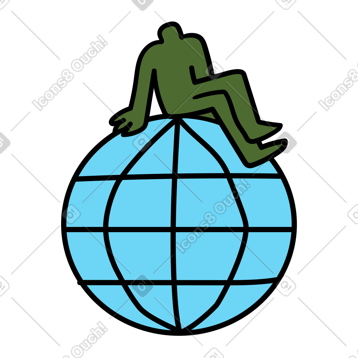 Worldwide online work with human on wireframe globe illustration in Wiggle style download in PNG, SVG