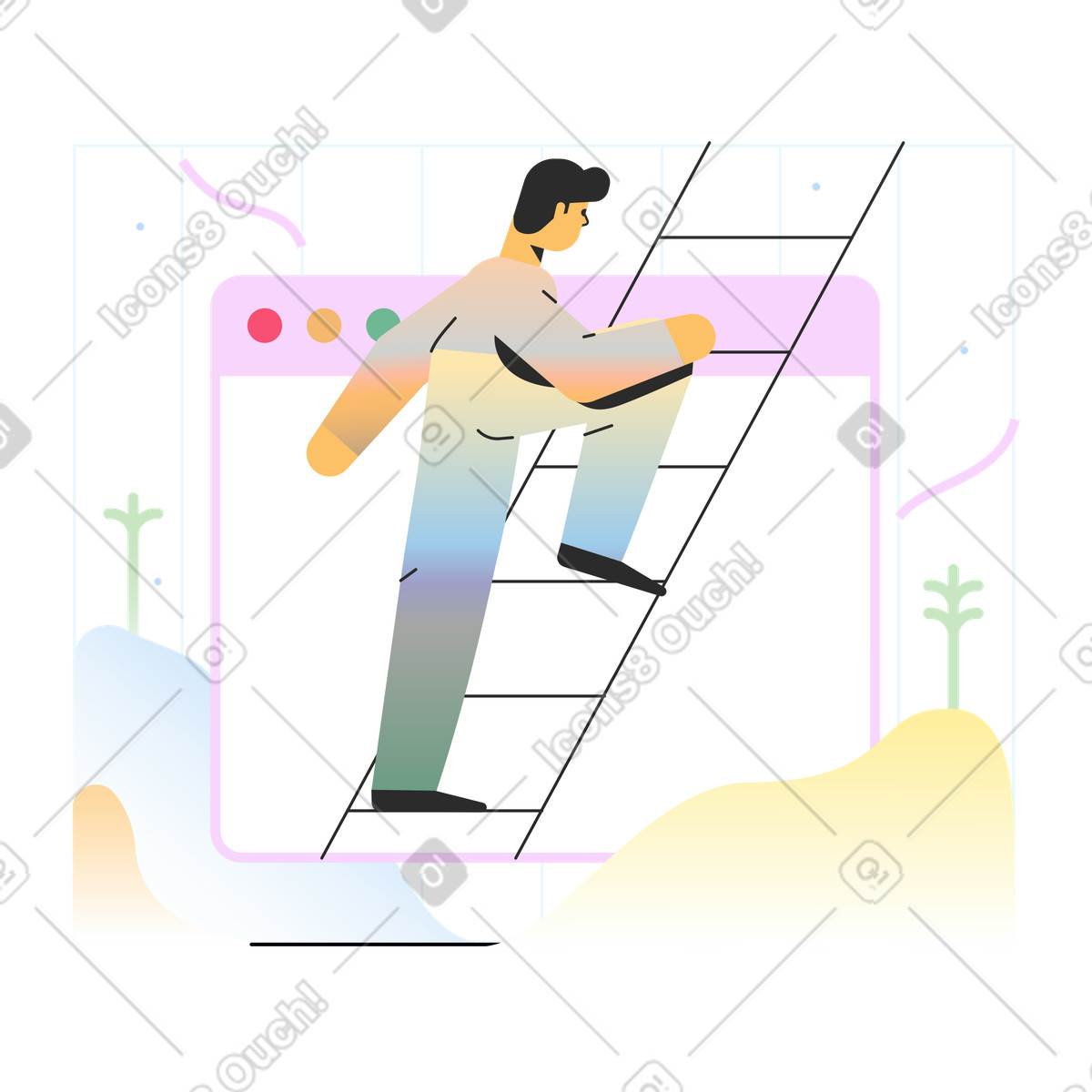 下载 Marginalia 风格的 User climbing ladder through browser window, Digital project coming soon 插画，支持 PNG、SVG 格式
