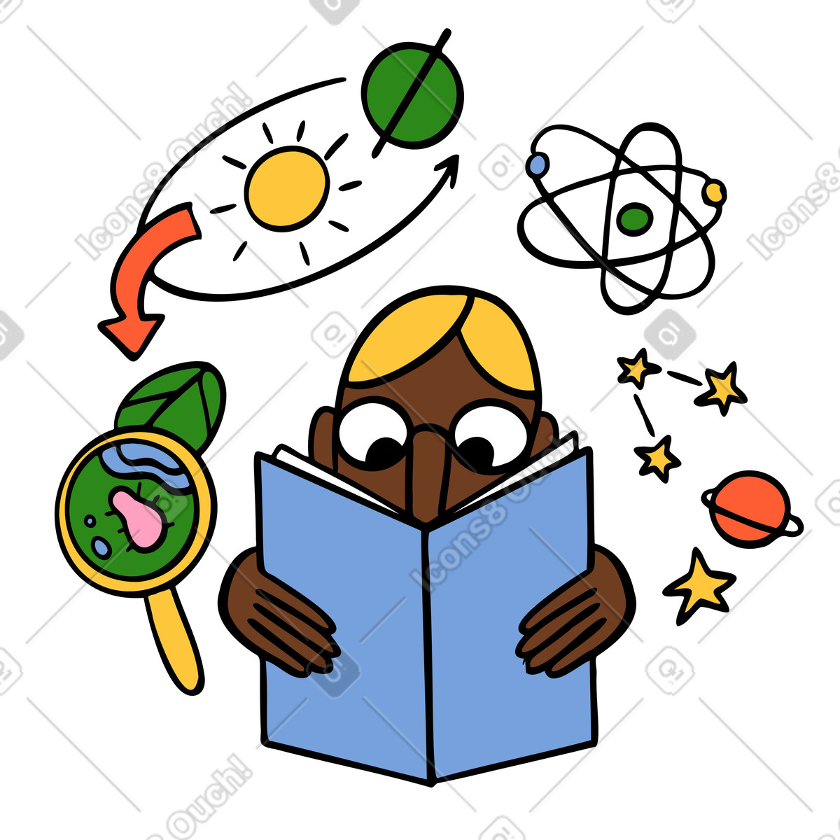 Person studying different sciences illustration in Comic style download in PNG, SVG