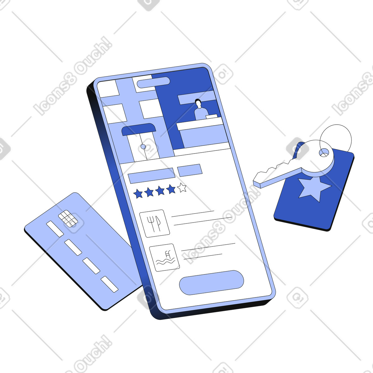 Techny スタイルの 電話でのホテル予約 のイラストをPNG、SVG形式でダウンロード