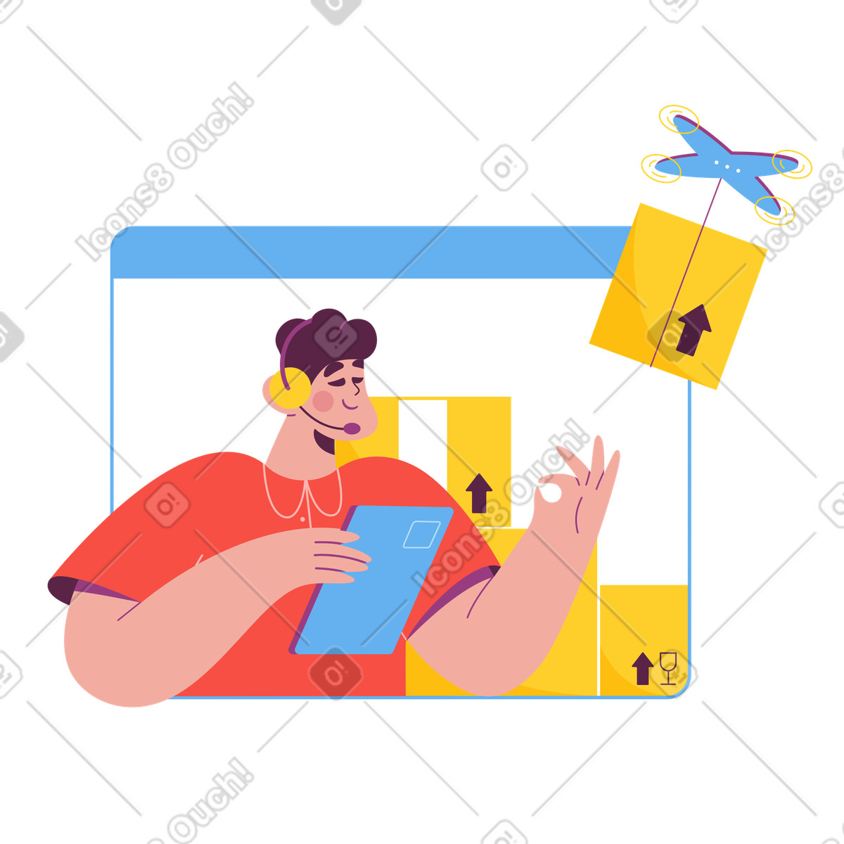 Support agent controlling drone delivery, Fast E-commerce logistics illustration in Sammy style download in PNG, SVG