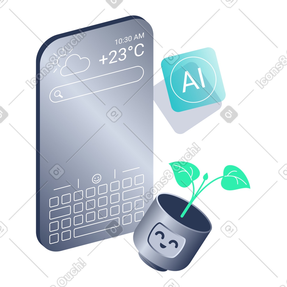 Illustration Assistant de plantes ia avec miroir intelligent, intelligent pour la vie quotidienne, domestique piloté par dans le style Lucent à télécharger aux formats PNG, SVG
