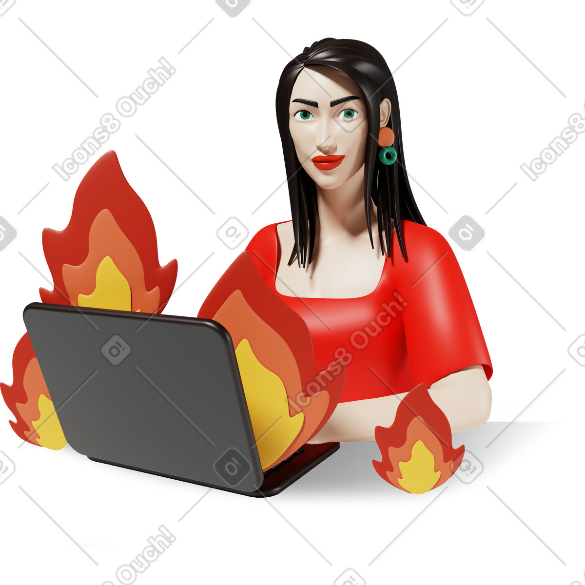 Woman with laptop on fire illustration in 3D Plastic people style download in PNG, SVG
