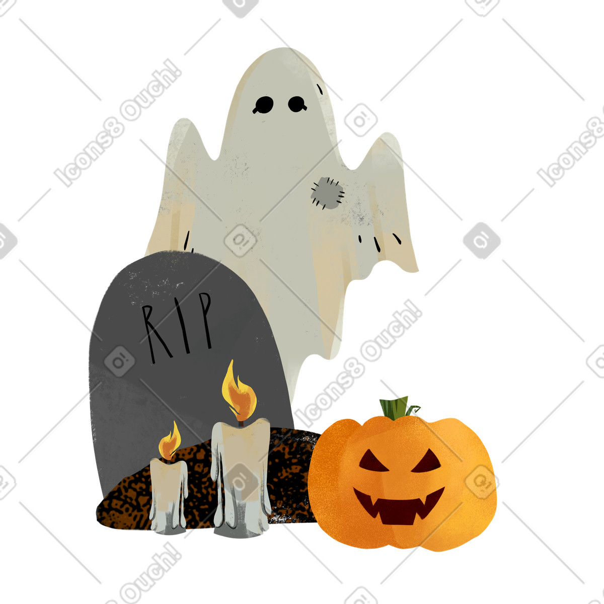 Ilustración Calabaza, disfraz de fantasma y tumba como atributos halloween. en estilo Fabulous a descargar en PNG SVG