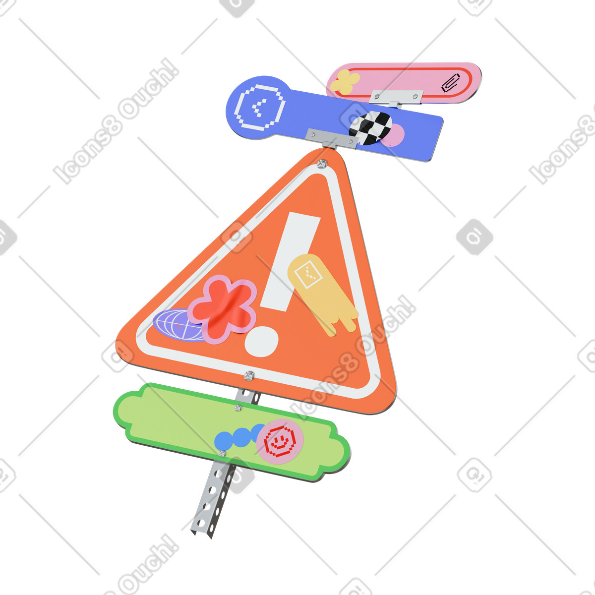 Exclamation mark sign with stickers illustration in 3D Stickle style download in PNG, SVG