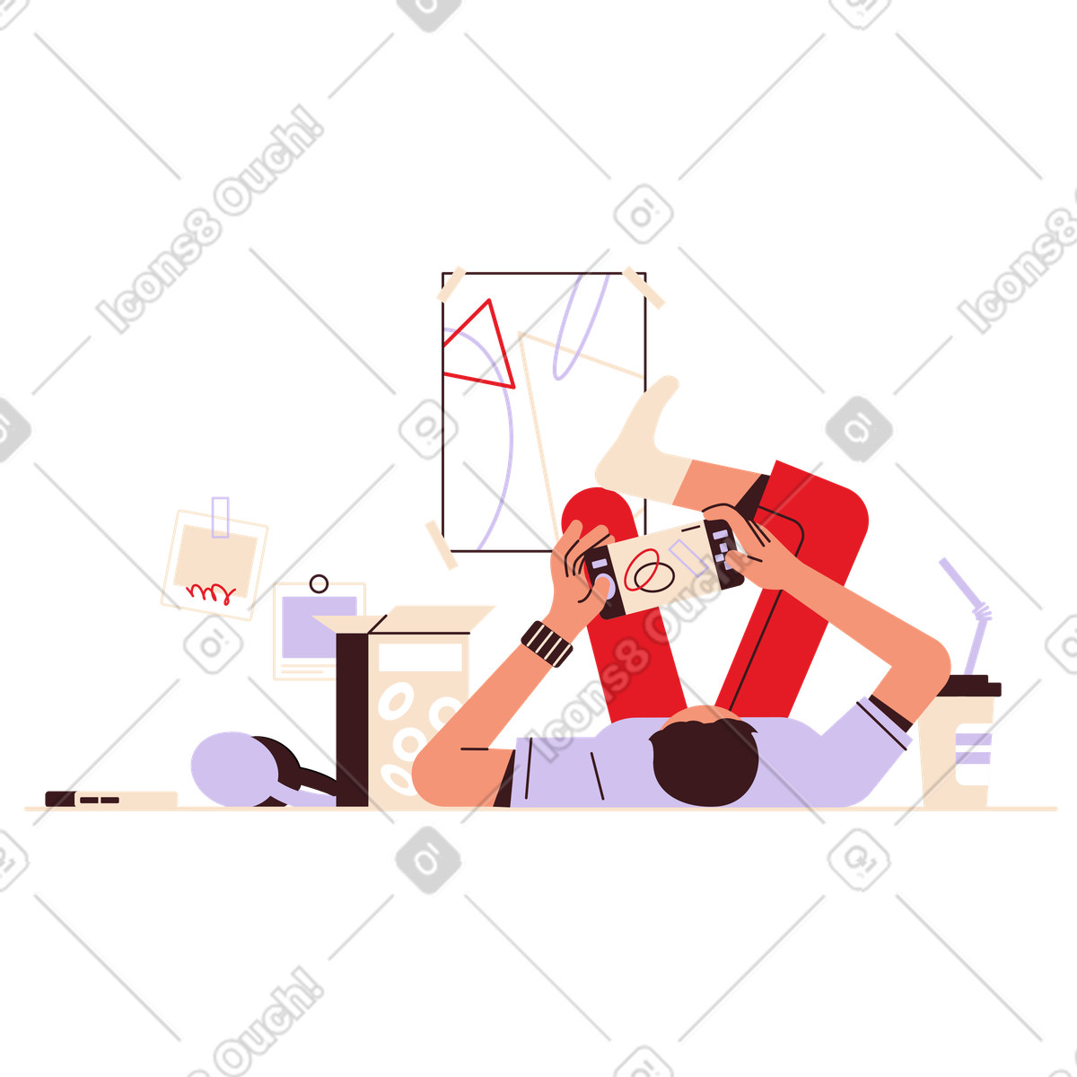 下载 Folks 风格的 Gamer relaxing in bedroom with handheld console, Relaxation and downtime 插画，支持 PNG、SVG 格式