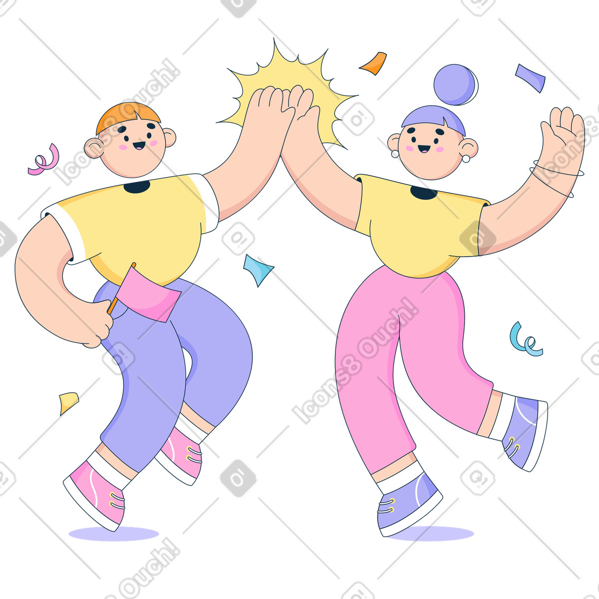 Work teammates high-fiving in celebration, Motivation and success illustration in Bubble gum style download in PNG, SVG
