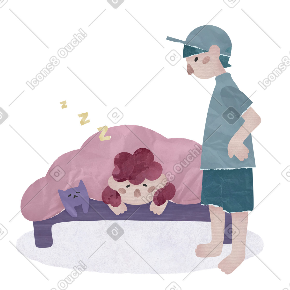 Boy looking at sleeping cat and illustration in Papery style download in PNG, SVG