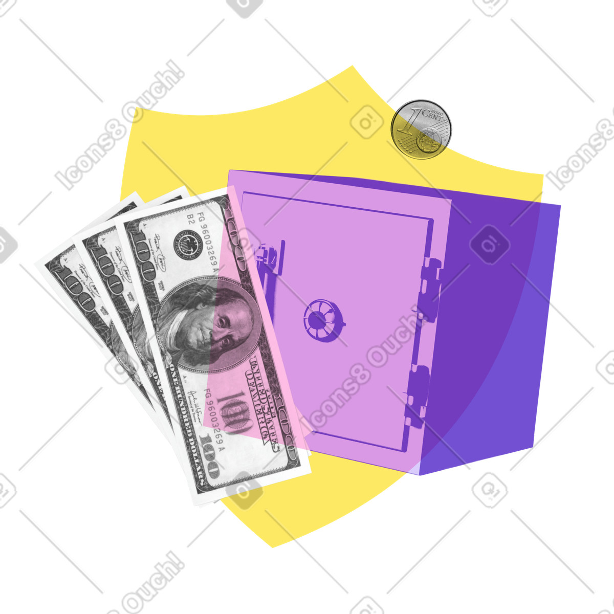 Safe with money bills and coin illustration in PNG, SVG