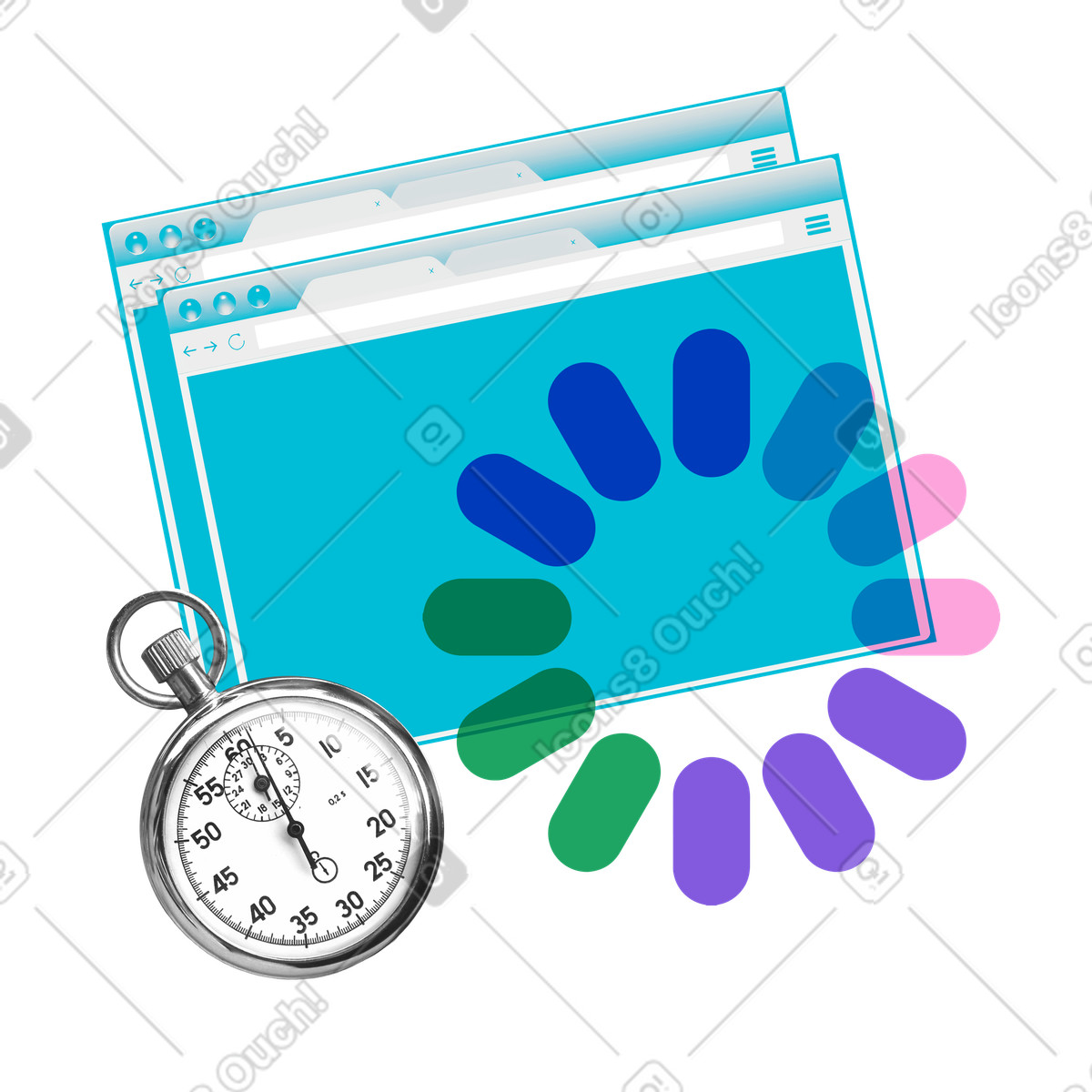 Web page load time with stopwatch and browser illustration in PNG, SVG