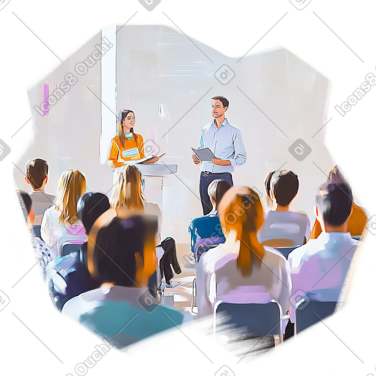 Oil painting of a presentation illustration featuring speakers and audience education clipart images
