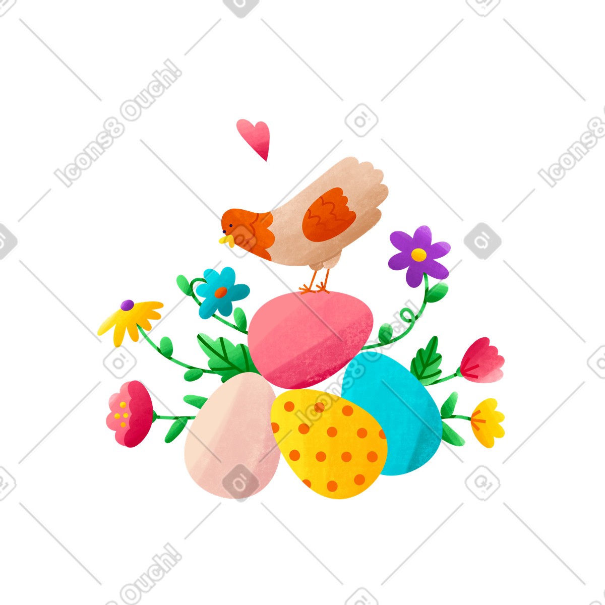 Uova di pasqua con pollo e fiori illustrazione in stile Bonbon scarica in PNG, SVG