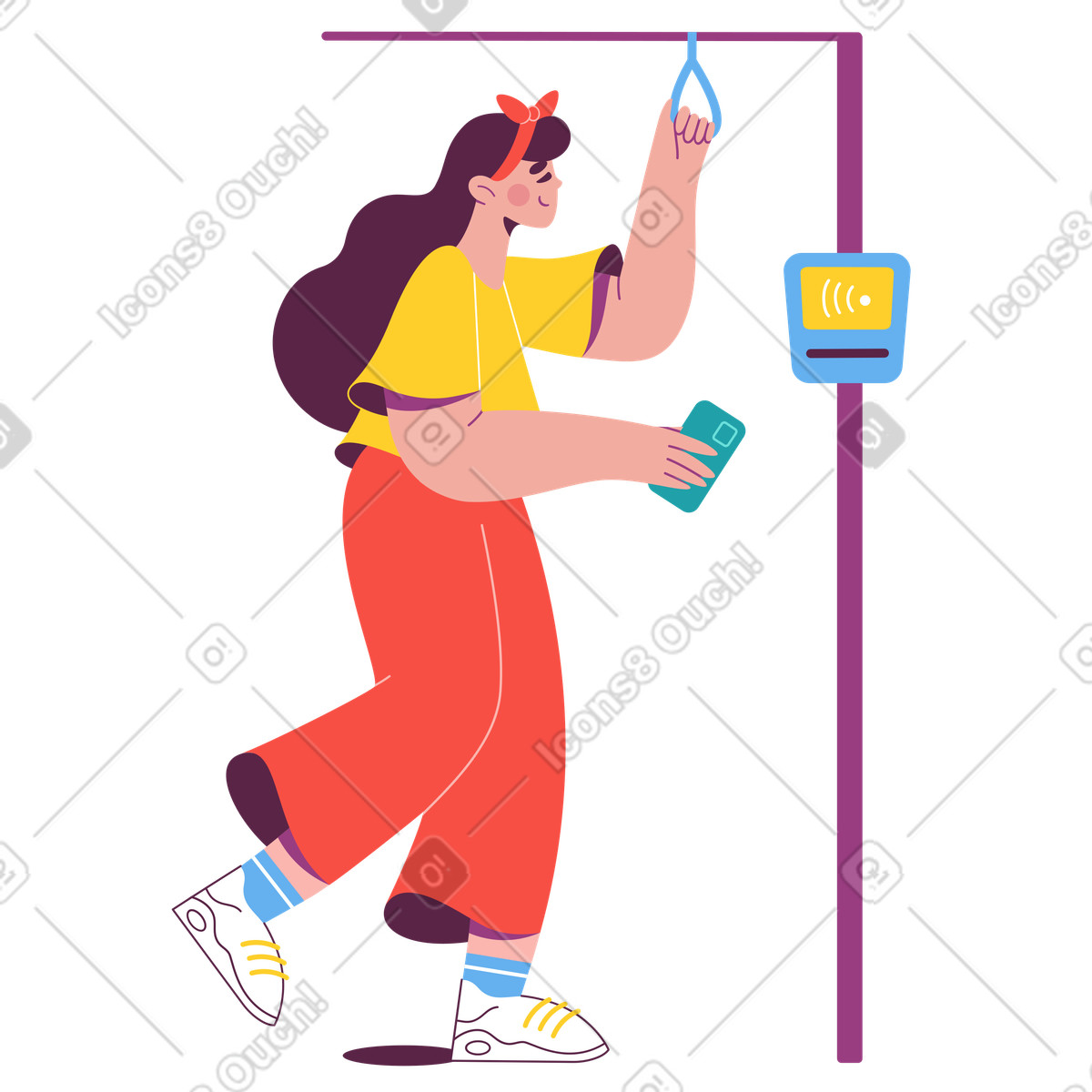 Traveler paying for bus ticket with phone, Using a digital travel pass-Illustration im Sammy-Stil als Download in PNG, SVG