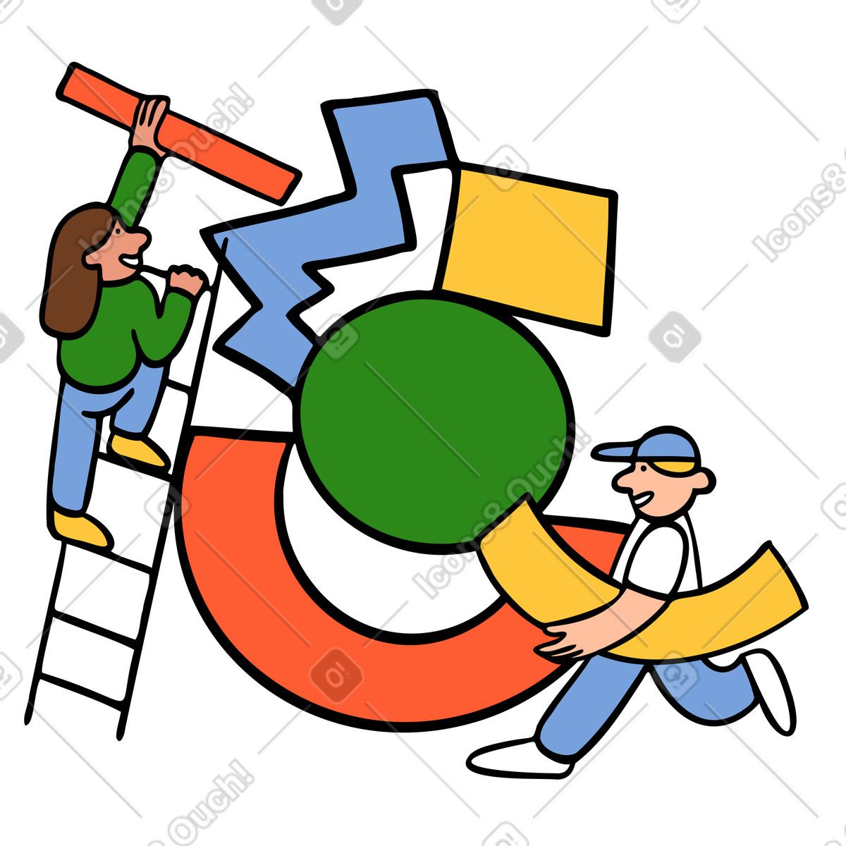 Team working and creating abstract composition illustration in Comic style download in PNG, SVG