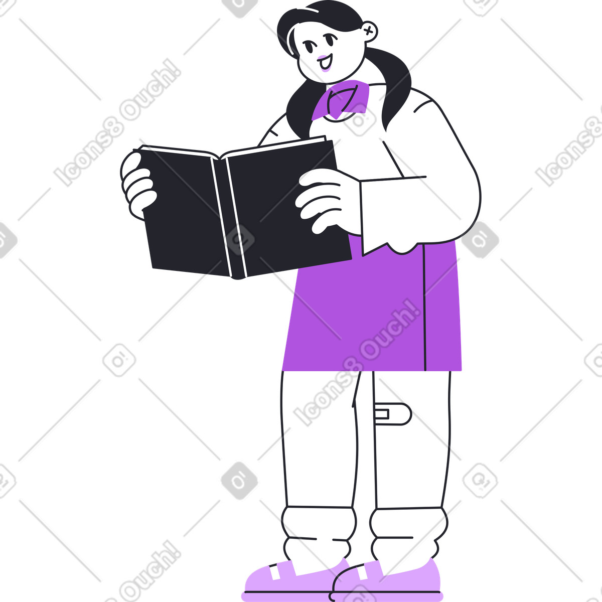 Mädchen steht und liest ein buch-Illustration im Grapy-Stil als Download in PNG, SVG