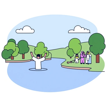 A river with calm waters gently reflecting the surrounding greenery. On the riverbank, a person is being baptized, standing in the water with arms raised. The individual is wearing a white robe, and there is a small gathering of people on the shore, watching the event. The trees along the riverbank are lush, and the sky above is clear with a few fluffy clouds. The overall atmosphere captures a moment of tranquility and faith.