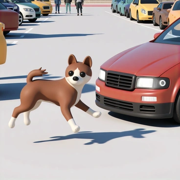A medium-sized brown dog with white patches, featuring perky ears and wide eyes, is seen jumping away from a loud honking car. The dog’s fur is ruffled as it leaps, showing a look of surprise. The parking lot is filled with various cars in bright colors, and people can be seen walking in the background, some glancing towards the commotion. The car that is honking is a shiny red sedan, with its headlights on, positioned nearby. Sunlight casts shadows on the pavement, highlighting the dog's movement.