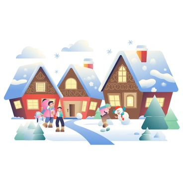 A cozy winter village is depicted with snow-covered rooftops and glowing windows. The village features charming wooden houses with intricate designs, their roofs blanketed in a thick layer of snow. Soft, warm light spills from the windows, creating a welcoming atmosphere. Snowflakes gently fall from the overcast sky, adding to the tranquil scene. In the foreground, a narrow path winds through the village, bordered by small snow-dusted trees. A couple of children are playing with a snowman, their laughter filling the air.