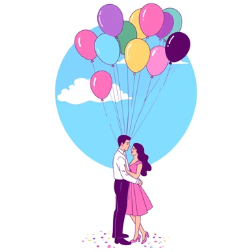 A colorful sky filled with various balloons in different shapes and sizes. The balloons are floating gently against the backdrop of a bright blue sky. In the foreground, a couple stands together, smiling and gazing into each other's eyes, surrounded by a scattering of colorful confetti. The couple is dressed elegantly, their attire complementing the festive atmosphere created by the balloons above.