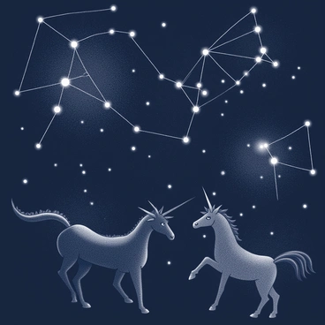 A night sky filled with constellations that resemble mythical creatures