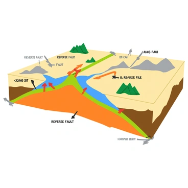 A geological map featuring various reverse faults. The map is filled with vibrant colors, each representing different reverse fault lines. The faults are marked clearly with bold lines and labeled for clarity. Various geological features such as mountains, valleys, and rock formations are illustrated in a simplified manner, complementing the visual of the reverse faults. The background of the map is a lighter shade to enhance the contrast of the colorful fault lines.