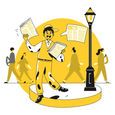 A young newsboy standing on a busy street corner, passionately shouting headlines. He is wearing a cap and a vest, with a shirt and trousers underneath. A stack of newspapers is securely tucked under his arm. The newsboy has an enthusiastic expression, with his mouth open as he calls out the news. Around him, a blurred scene of pedestrians walks by, and a vintage lamppost can be seen in the backdrop.