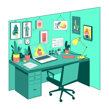 An eclectic home office filled with personalized decorations and a laptop on the desk.