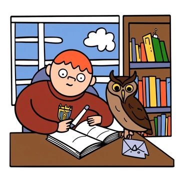 A light-skinned boy with red hair and big eyes is sitting at a wooden table, looking up from a book about magical creatures. He is wearing a maroon sweater with a crest on it and has a serious expression. In his hand, he is holding a rolled-up letter ready to send off. An owl with brown feathers is perched on the edge of the table, looking attentive. The background shows a cozy room with shelves of books and a window revealing a bright blue sky outside. Sunlight streams in, illuminating the scene.