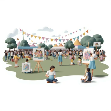 A vibrant outdoor music festival taking place on a sunny day, with a large crowd enjoying the live performances. Colorful tents and banners sway gently in the breeze, while a stage is set up in the center, featuring musicians playing various instruments. In the foreground, several artists are painting scenes from the event, capturing the lively atmosphere on their canvases. One artist, wearing a blue apron, stands with a palette in hand, focused on her painting. Another artist, sitting cross-legged on the grass, has a canvas propped up, showcasing a colorful depiction of the crowd dancing. The background is filled with people dancing, food stalls, and trees providing shade.