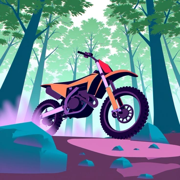 A vibrant dirt bike with a sleek design, featuring bright colors like orange and black, is navigating through a dense, green forest trail. The bike kicks up a spray of dust and debris as it maneuvers around various obstacles, such as large rocks and fallen branches. Towering trees with thick, lush foliage surround the trail, casting dappled sunlight onto the ground. The scene is alive with the vivid greens of the leaves and the earthy tones of the trail, creating a dynamic atmosphere of adventure in the forest.