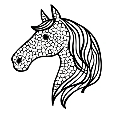 A horse head designed using numerous small mosaic tiles arranged intricately. The tiles vary in size and shape, creating a textured surface that showcases the contours of the horse's head. The mosaic is structured in a way that highlights the mane flowing gracefully. Each tile contributes to a detailed pattern, giving depth to the features of the horse head. The background is minimal to ensure the horse head remains the focal point.