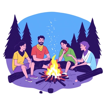 A group of five campers is gathered around a campfire, their faces illuminated by the warm glow of the flames. Each camper is wearing a different colored bandana tied around their necks to protect against the evening chill. The campers are sitting on logs arranged in a circle, and there are tall pine trees surrounding the area. Sparks from the campfire are rising into the night sky, which is deep blue. In the center of the circle, there are sticks and skewers with marshmallows roasting over the fire. One camper is laughing, while another is telling a story, creating a lively atmosphere.