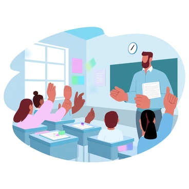 A teacher is standing at the front of a classroom, holding a stack of papers and calling roll. The teacher is wearing a button-up shirt and has a focused expression. Students are seated at desks, with several raising their hands to indicate their presence. Each desk is equipped with books and stationery. The classroom has colorful posters on the walls, and there is a large chalkboard behind the teacher. A clock is visible on the wall, showing the time. A window lets in natural light, illuminating the scene.