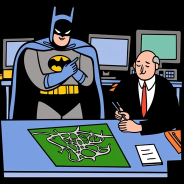 Batman, a tall figure in a dark, armored suit with a cape, stands focused, pointing at a detailed map of Gotham City that is spread out on a table before him. He has a serious expression and his iconic bat symbol is clearly visible on his chest. Beside him, Alfred, an older man with light skin, short gray hair, and wearing a classic suit, listens attentively. Alfred has a thoughtful look on his face as he holds a pen, ready to take notes. The Batcave is dimly lit, with computer screens and Bat gadgets in the background, emphasizing the high-tech environment.