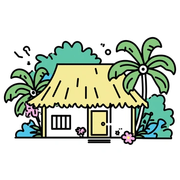 A thatched hut made from palm leaves, surrounded by dense green foliage. The hut has wooden posts supporting the roof and a small wooden door. Sunlight filters through the thick canopy of leaves above, casting dappled shadows on the ground. Various tropical plants and colorful flowers surround the hut, enhancing the vibrant rainforest setting. A gentle breeze rustles the leaves, creating a sense of tranquility in this secluded location.