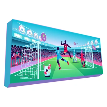 A vibrant street mural that showcases "iconic moments from football history." The mural features a dynamic scene with famous players in action poses, such as a goalkeeper making a spectacular save and a striker scoring a dramatic goal. Iconic stadiums and cheering crowds provide context in the background. The colors are bold and varied, with bright greens representing the pitch, deep blues for the sky, and vivid shades for player uniforms. Symbols of championships, trophies, and flags are artistically incorporated into the design, enhancing the overall football theme.