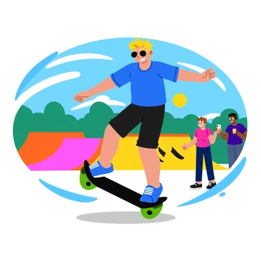 A teenager with a bright blue t-shirt and black shorts is performing an impressive trick on a mini segway at a skate park. The teenager has blonde hair styled in a modern cut, and a pair of sunglasses rests on their head. The mini segway is black with vibrant green accents, and it is lifted off the ground as the teenager balances skillfully. In the background, there are ramps and graffiti-covered walls that add color to the scene. A few onlookers are watching with excitement, capturing the moment on their smartphones. The sun is shining brightly, creating a lively atmosphere in the skate park.