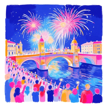 A historic bridge arches gracefully across a river. The bridge is decorated with colorful banners and lights for the city festival. Above the bridge, a spectacular fireworks display bursts in vibrant colors, lighting up the night sky. The bright explosions of red, blue, and gold reflect off the water's surface, creating a dazzling effect. Crowds gather along the riverbanks, with some people holding sparklers and others pointing upwards in awe at the display. The atmosphere is filled with excitement and celebration.