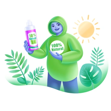 A character dressed in an outfit made entirely of green leaves stands confidently. The character holds a product in their hands, clearly displaying the label "100% Natural" in bold letters. The background features an array of tropical plants and foliage, enhancing the natural theme. Sunlight filters through the leaves, creating a vibrant and fresh atmosphere.