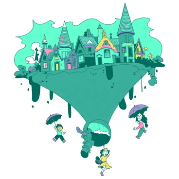 A teal town is built upside-down, with whimsical architecture featuring houses suspended from the ground with colorful, spiraled roofs pointing downwards. The buildings have exaggerated shapes, such as towering spires and rounded, bulging walls, all appearing as if they are defying gravity. Curious residents with cheerful expressions are walking on the ceiling, dressed in vibrant clothing that match the town's lively atmosphere. Some of the residents are engaging in playful activities, such as hanging from the edges of windows or using large umbrellas as they glide through the air. The sky above is filled with fluffy white clouds, and vibrant flowers are blooming on the rooftops, adding to the town's enchanting charm.