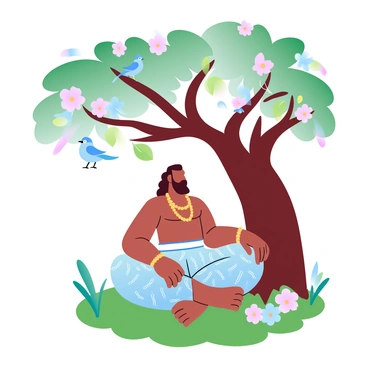 Mahabali is seated comfortably under a large tree with a thick trunk and expansive branches. Colorful flowers are blooming around him, adding vibrancy to the scene. Various birds are perched on the branches, filling the air with their cheerful chirping. The ground is covered with lush green grass, enhancing the peaceful atmosphere of the setting. Mahabali is dressed in traditional attire, showcasing intricate patterns and bright colors, while he gazes thoughtfully at his surroundings.