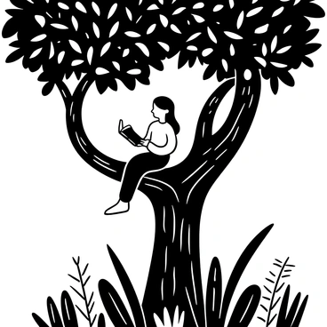 A girl sitting on a sturdy branch of a large tree, holding an open book in her hands. The tree has thick, textured bark and numerous leaves that create a dense canopy above her. Surrounding the tree are various plants, including tall grass and flowering shrubs. Light filters through the leaves, casting intricate shadows on the ground below. The girl is dressed in a simple dress, and her hair flows down her back, blending with the natural surroundings. The scene conveys a peaceful moment of reading in the midst of a lush environment.