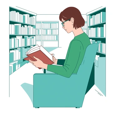 A side view of a person sitting on a teal chair in a library, deeply engrossed in reading a book. The individual has short brown hair and is wearing reading glasses. The book is open in their lap, and their fingers are gently holding the pages. Surrounding the person, there are rows of tall white bookshelves filled with books of various sizes and colors. In the background, a soft white light illuminates the space, casting gentle shadows on the floor.